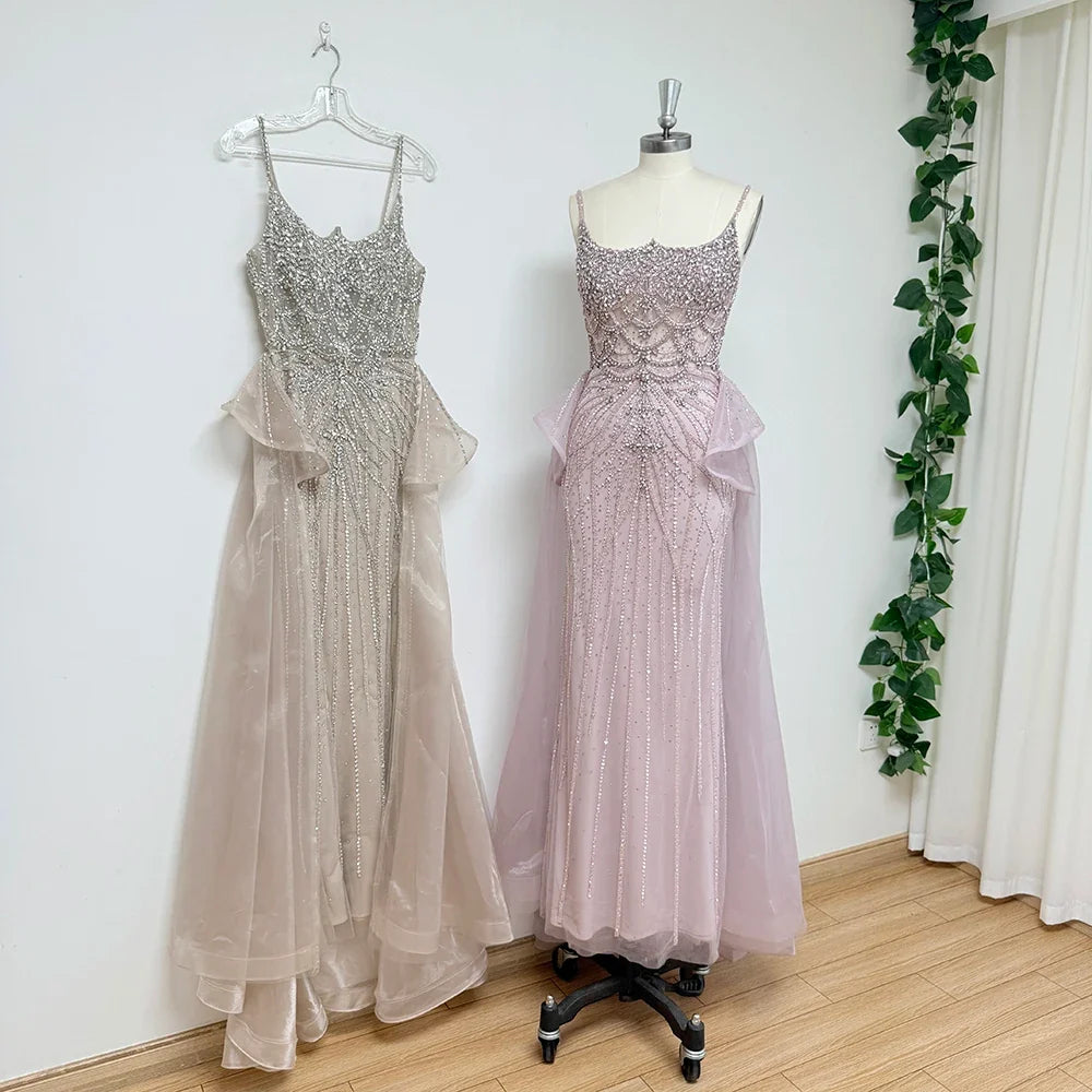 Luxury Beaded Mermaid Evening Dress Spaghetti Strap Detachable Overlay Formal Prom Wedding Party Gown Customized