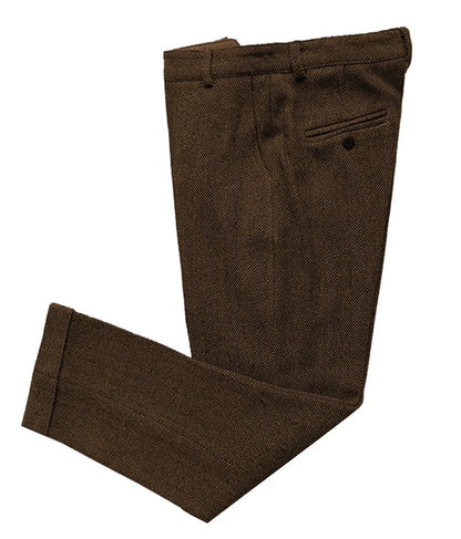 Brown Men's Trousers Wool Slim Fit Herringbone Casual Tweed Suits Pants With Hidden Expandable Waist For Wedding Party,
