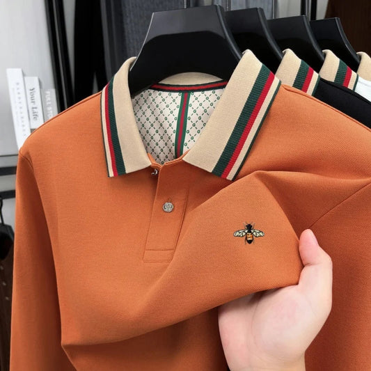 High end men's long sleeved polo shirt autumn fashion brand bee embroidery new business and casual color blocked lapel T-shirt