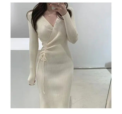 Chic V-ne Knitted Wrap Waist Slimming Mid-length A-line Dr Women's Sweater Dr Korean Sle High Waist Long Sve