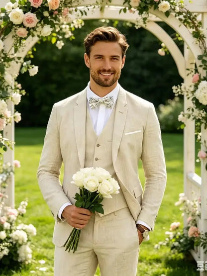 3 Piece Blue/Beige Linen Men's Slim Fit Suits Notch Lapel Blazer Summer Wedding Groom Tuxedos for Prom Party (Jacket+Vest+Pant)