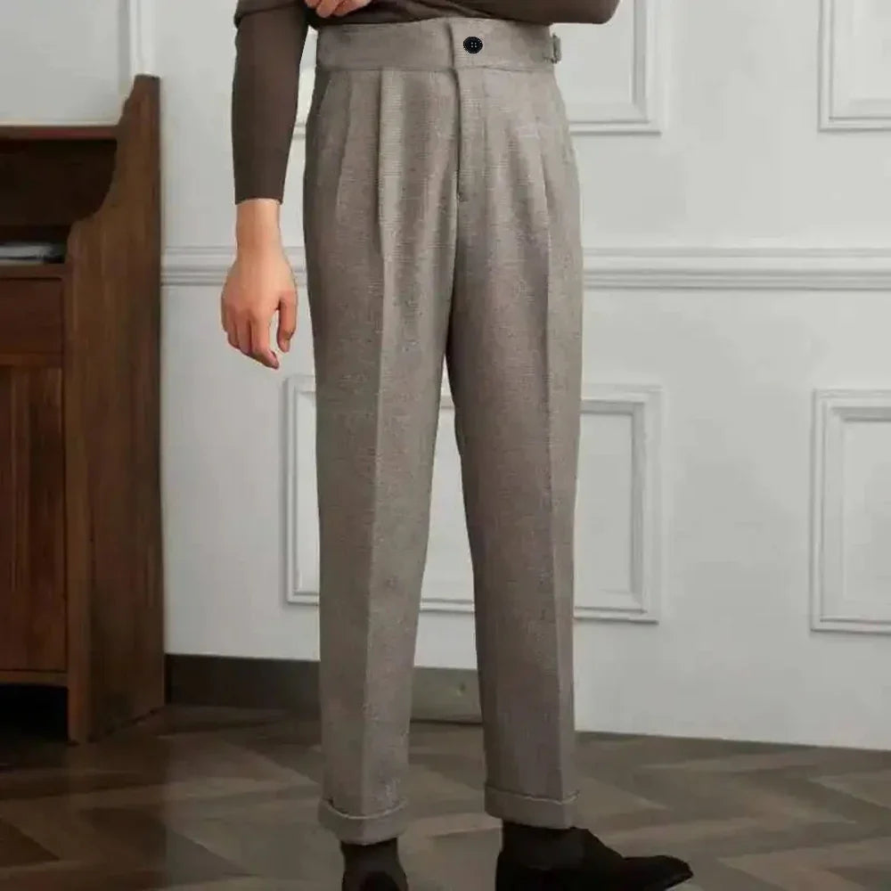 Italian Vintage Suit Pant For Men Autumn Winter Wool Herringbone Pattern Straight Trousers British Style Business Casual Pants