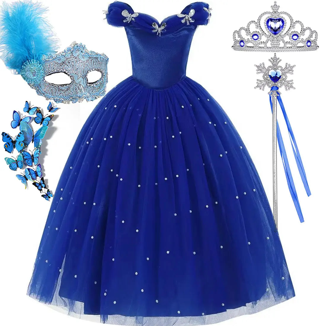 Cinderella Princess Same Cosplay Style Dark Blue Girl Luxury Dress Off-Shoulder Puff Skirt Christmas Party Gift Dress Set