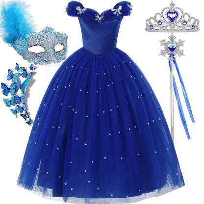 Cinderella Princess Same Cosplay Style Dark Blue Girl Luxury Dress Off-Shoulder Puff Skirt Christmas Party Gift Dress Set