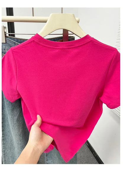 2026 Summer New High Quality Casual Plus Size T Shirt Sexy Short Sleeved Sleeves Fashion Trend Solid Women Clothing Y2k Tops