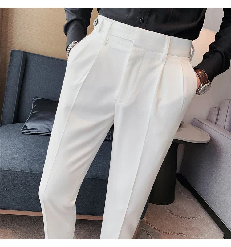 Autumn Winter High Quality Solid Casual Pants Men Belt Design Slim Fit Trousers Formal Office Business Social Party Suit Pants