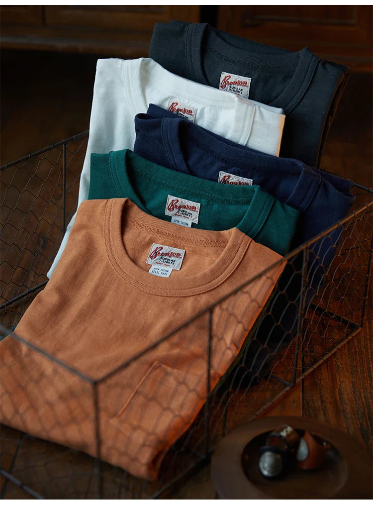 Rugged Bronson Loopwheel Tubular Pocket T-Shirt 220g Slub Cotton Men's Seamless Side Tee Short Sleeve