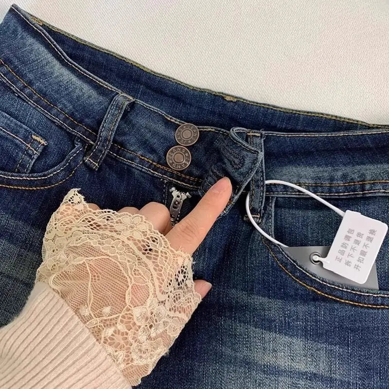 Summer Low-Waisted Skinny Denim Shorts for Women with Cargo Pockets Elastic Waist Vintage Y2K Streetwear Sexy Retro Blue Jeans