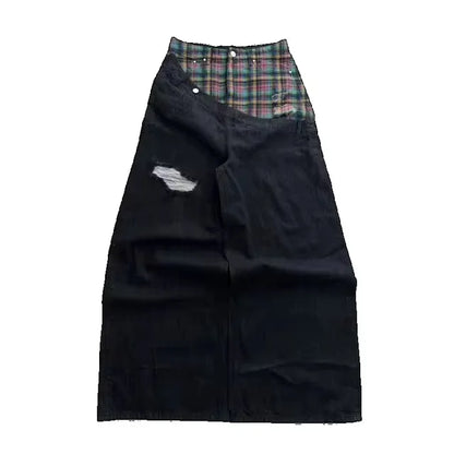 Mens Jeans Vintage Plaid Patchwork Denim Pants Harajuku Unisex Loose Fit Wide Leg Floor Length Hip Hop Streetwear Fashion Trend