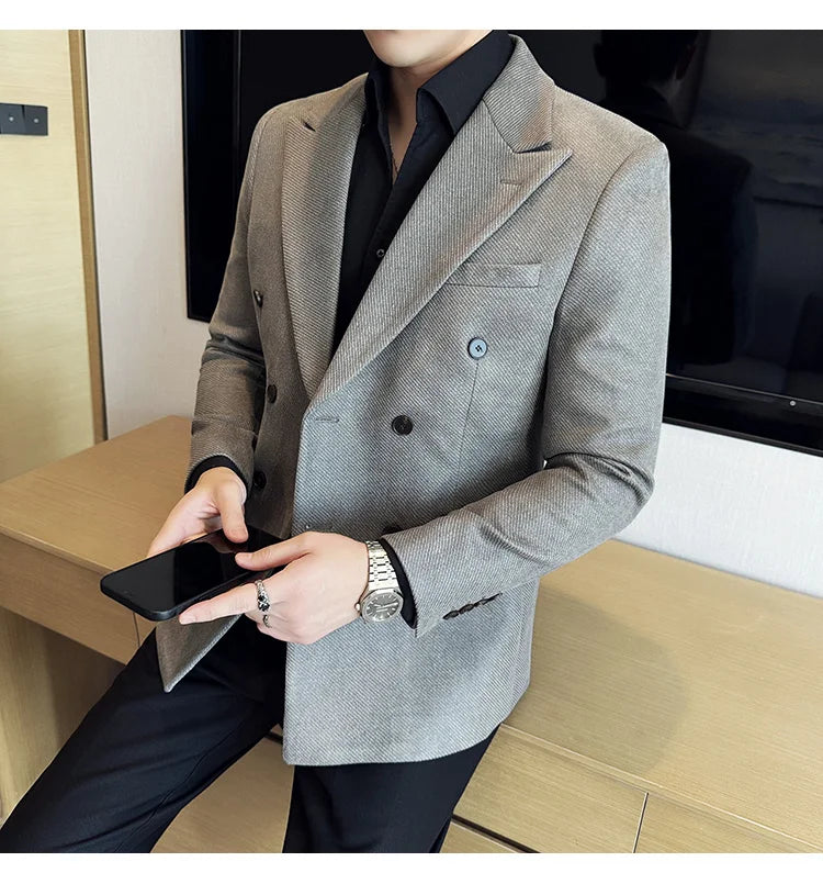High Quality Men Double Breasted Blazer Suede Gilded Twill Slim Fit Business Social Formal Suit Jacket Tailcoats Men Clothes