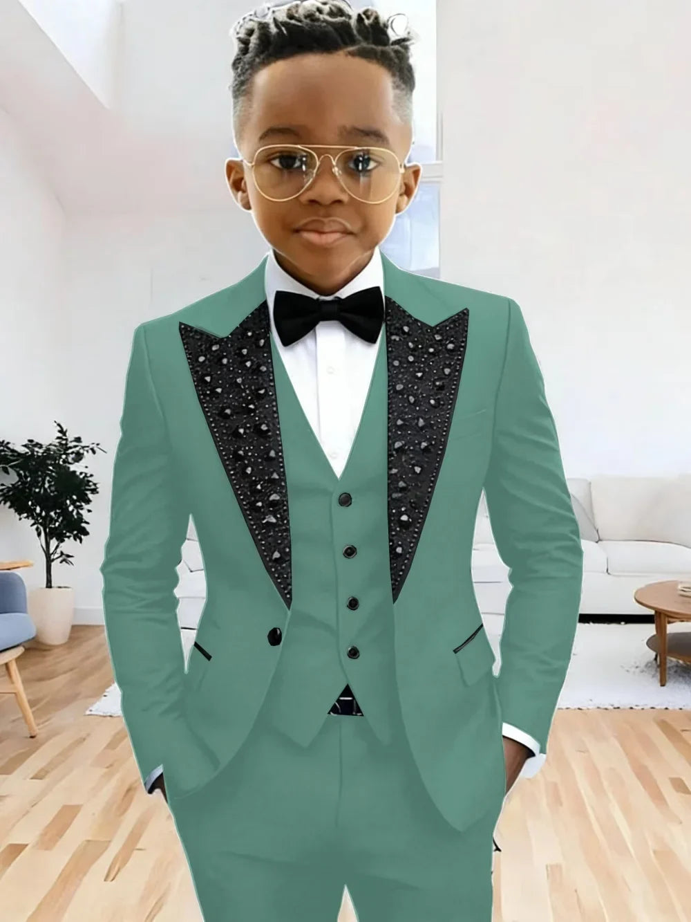 Boys Luxury Beaded Suit Set 3 Pieces For Evening Party High Quality Peak Lapel Suits Piano Performance Wear Elegant Plus Size
