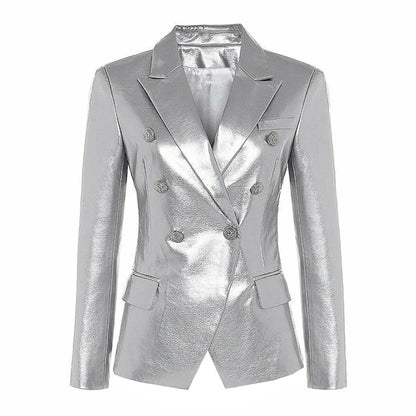 S-3XL High Quality Fashion New PU Leather Fabric Double breasted Long Sleeve Slim Fit Commuter Women's Suit Coat Blazer