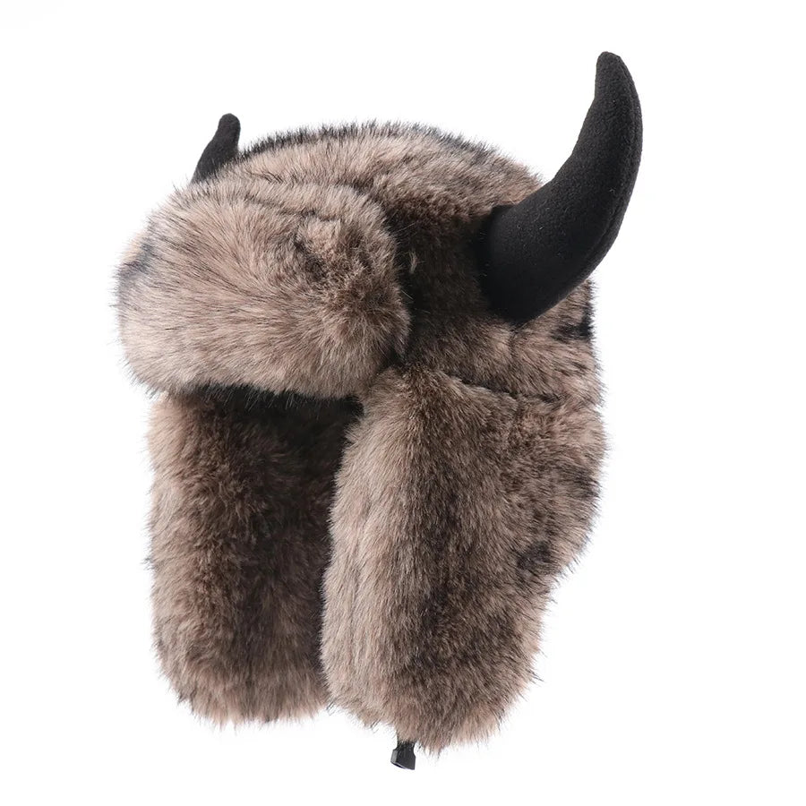Imitation Fur Warm Horned Lei Feng Hats for Men Winter Russian Ushanka Hat Outdoor Thicked Windproof Ear Protection Caps