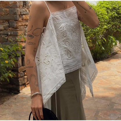 Thin Strap Square Neck Hollow Embroidery Women Cami Top Back Self Tie String Irregular Asymmetrical Lace Hem Loose Cropped Tank