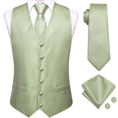 Silk Mens Suit Vests 4PC Woven Sage Green Solid Waistcoat Tie Pocket Square Cufflinks Business Wedding Dress Waist Jacket