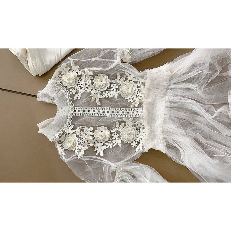 Lace Flower Mesh Summer Dress Women Lantern Sleeve White Casual Dresses Female Party Vintage Slim Women Dress 2 Piece Sets 12041