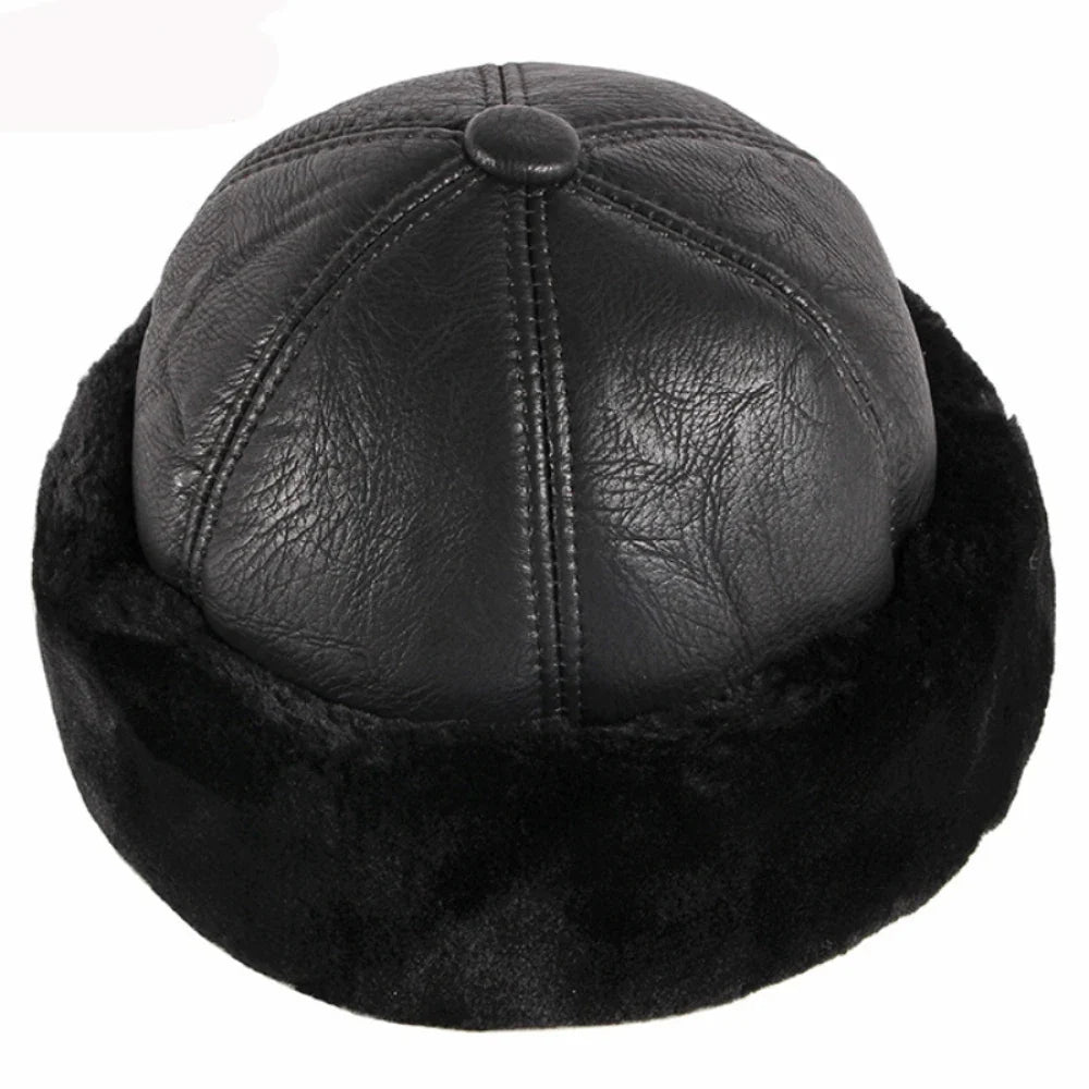 High Quality Autumn Winter Cap Hat PU Leather Thick Warm Pilot Hat Solid Black Fleece Lined Russian Cap 6 Panels Fur Hat