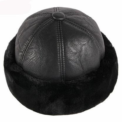 High Quality Autumn Winter Cap Hat PU Leather Thick Warm Pilot Hat Solid Black Fleece Lined Russian Cap 6 Panels Fur Hat