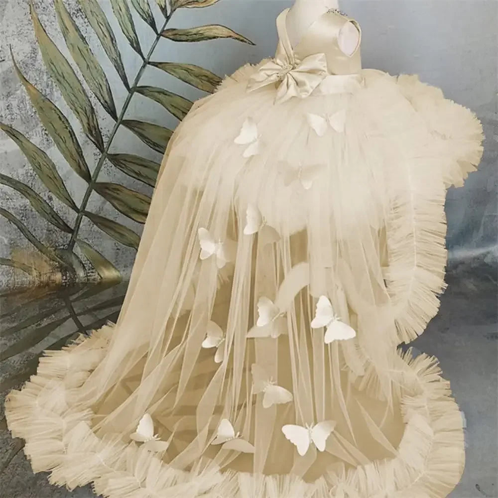 Customized Flower Girl Dresses Puffy Girl Dress Pink Baby Dress With Train Bow Cute Kid's Child Birthday Dresses Frist Communion