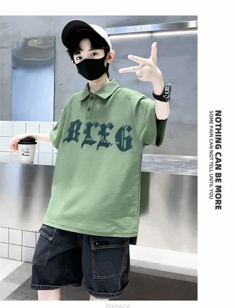 Korean Kids Boy Suit Summer Set Fashion Teenager Child Clothes Set Cotton Polo Shirt + Shorts 2pcs Outfits Tracksuit Costume