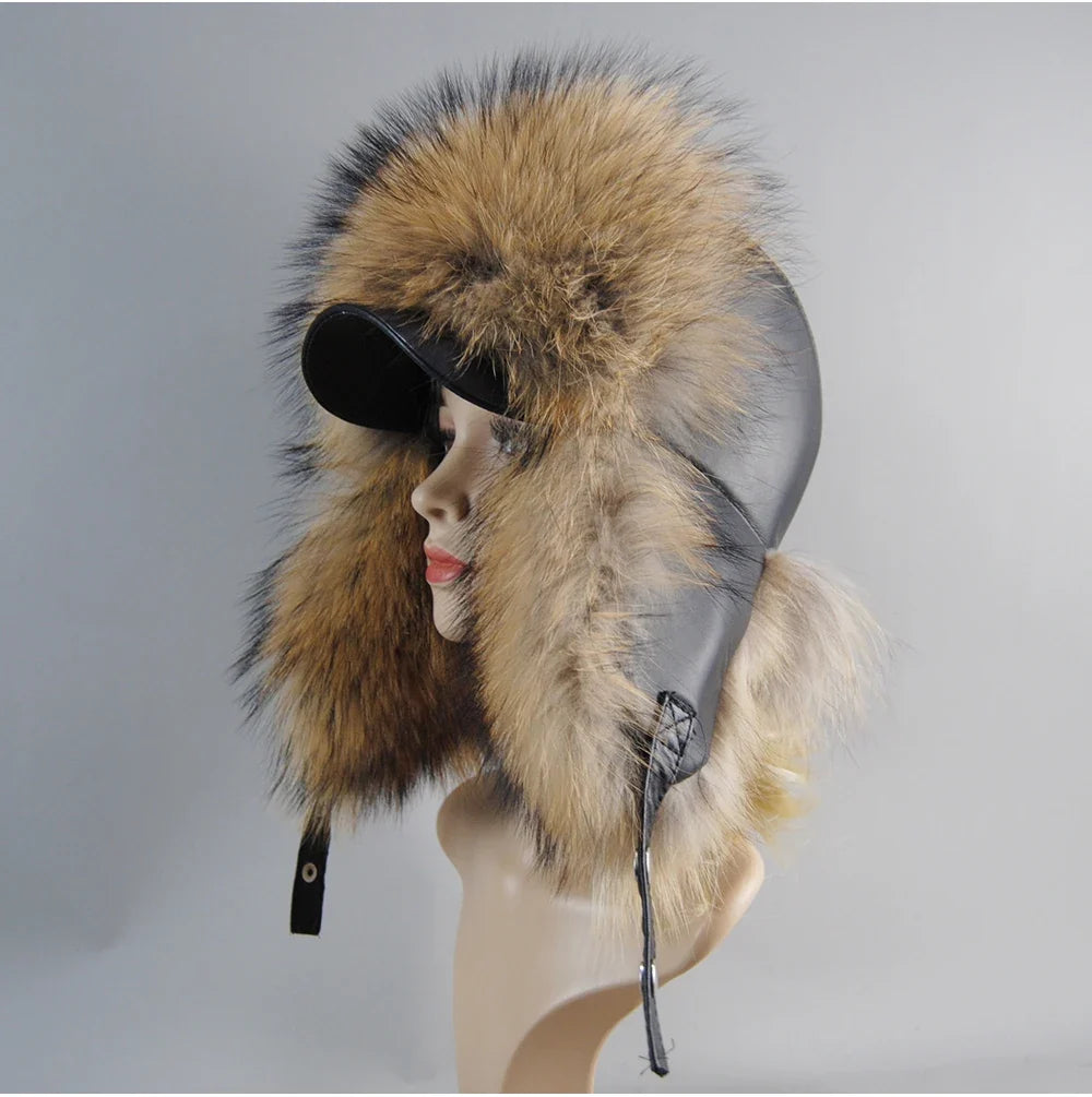 100% Real Fox Fur Hat Women's Russian Ushanka Aviator Trapper Snow Skiing Hat Caps Earflap Winter Raccoon Fur Bomber Hat