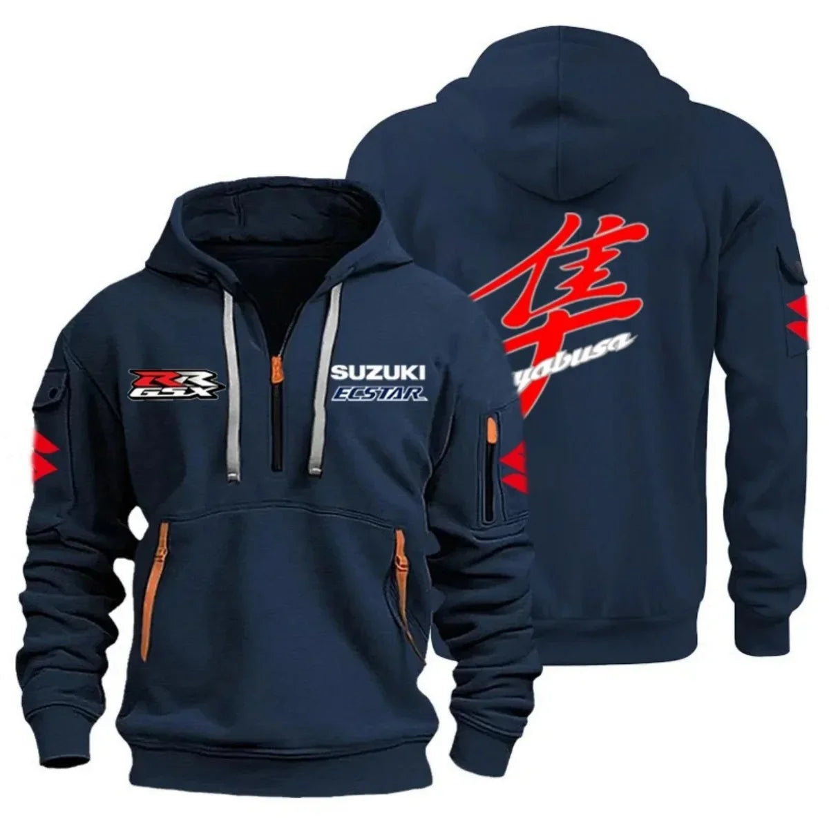 Men's Casual Street Outdoor Sports Motorcycle Hoodie Multi-Pocket Semi-Zipper Graphic Sweatshirt