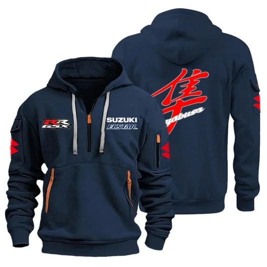 Men's Casual Street Outdoor Sports Motorcycle Hoodie Multi-Pocket Semi-Zipper Graphic Sweatshirt