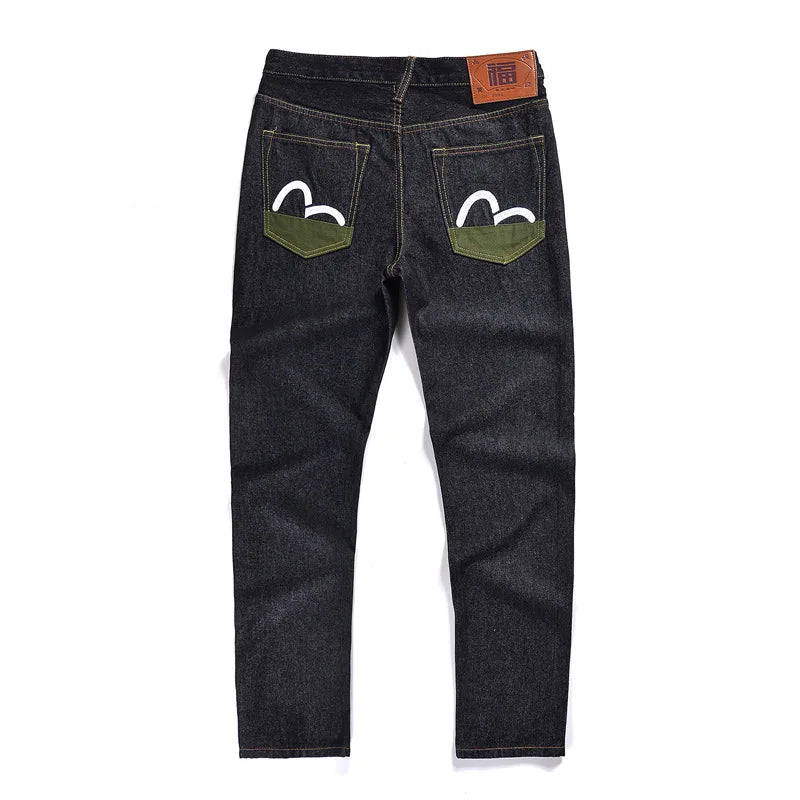 Japanese Handmade Embroidered Jeans Men's Pure Cotton Straight Tube Hip-Hop Popular Slim Red Ears Show Thin Trousers Devil Big M