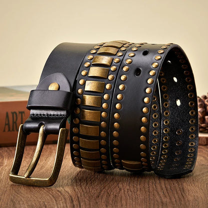 Punk Rock Belts Geometry Pattern for Men for Women Rivet Studded Belts First Layer of Cowskin Hip Pop Decorative Belts