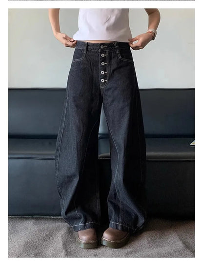 American Retro High Street Button Design Bootcu Bla Knife  Wide Leg Loose Long Jeans for Men And Women Trendy