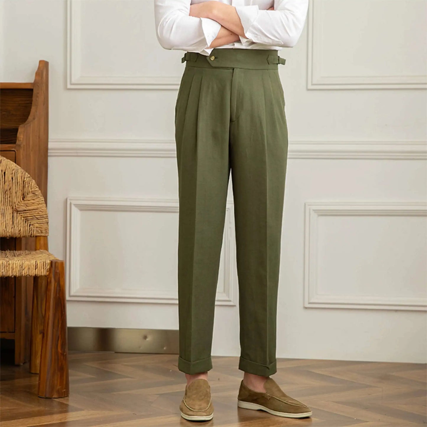 Linen Cotton High Waist Straight Casual Pants Men Versatile Naples Gentleman Pleated Pants High Quality Italian Dress Trousers
