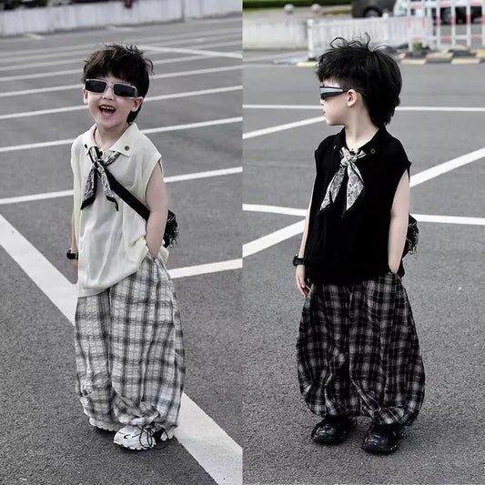 Mosquito Proof Knitted Pants Junior Boys' Summer Clothing Kids Clothes Korean Children Top Bottom Set Boy Boy's Children's Suit