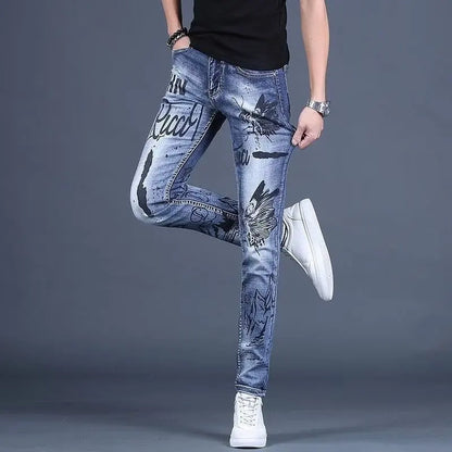 High-End Men's Slim Fit Jeans with Zipper Splicing Elastic Casual Long Trousers Trendy Retro Style Cotton Stretch Denim
