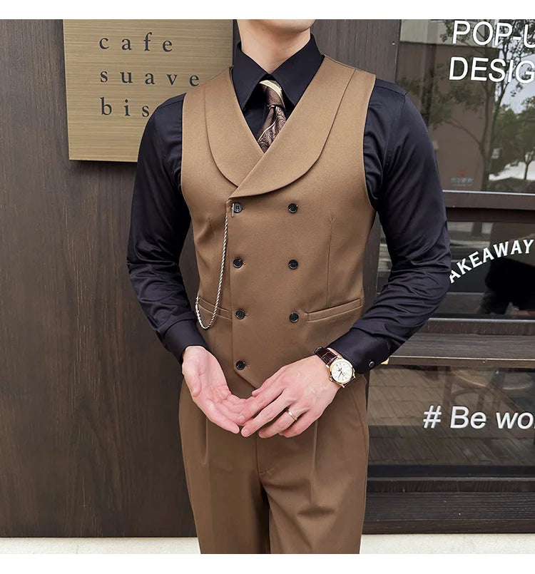 ( Vest + Pants) Men Luxury Double Breasted Design Suit Vest 2 pieces Formal Groom Wedding Dress Vest Set Fashion Club Clothing