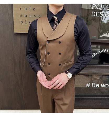 ( Vest + Pants) Men Luxury Double Breasted Design Suit Vest 2 pieces Formal Groom Wedding Dress Vest Set Fashion Club Clothing