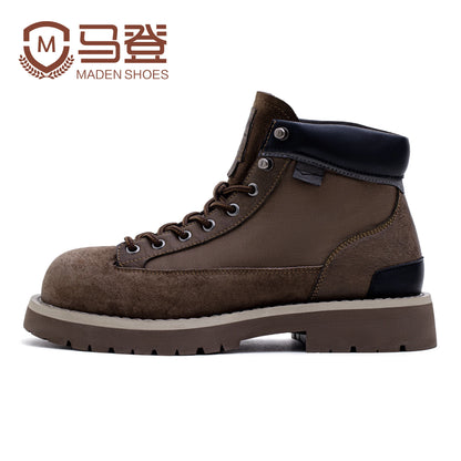 Maden Men's Vintage Splice Suede Work Boots Chunky Sole Round Toe Combat Boots Lace-Up Ankle Boots for Desert Hiking & Casual