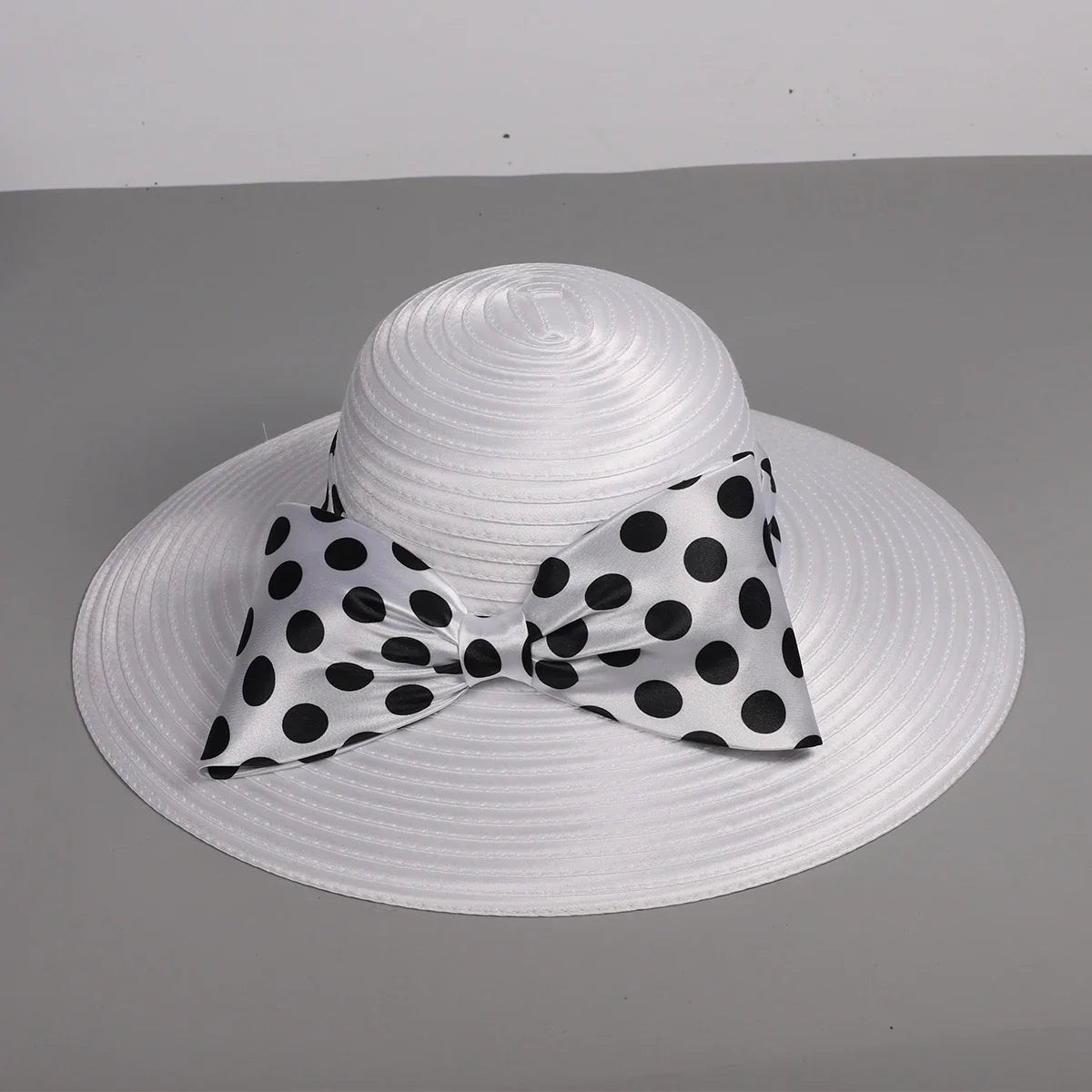 Elegant Women Wide Brim Rose Black Patchwork Polka Dots Kentucky Hat For Wedding Party Hat Big Bowknot Fedora Beach Cap