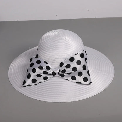 Elegant Women Wide Brim Rose Black Patchwork Polka Dots Kentucky Hat For Wedding Party Hat Big Bowknot Fedora Beach Cap