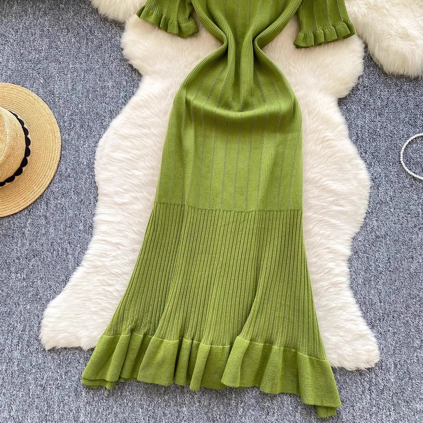 Brand Fashion Vintage Knitted Long Dress Spring Summer Women Elegant V-neck Ruffled Bodycon Sweater Dress Party Vestido