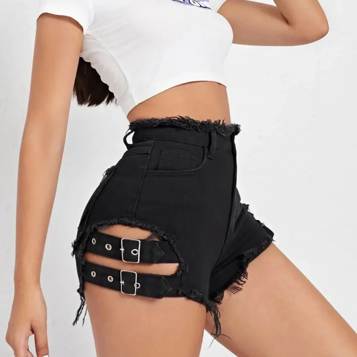 2026 Summer Hot High Waisted Street Style Girls' Ripped Denim Shorts with Rough Edges