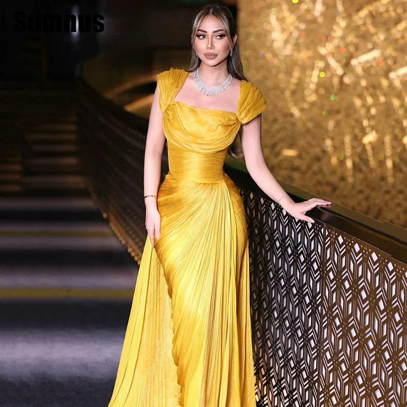 Charming Mermaid Gold Prom Dress Square Collar Pleats Sleeveless Party Dresses Floor-Length Evening Dress Customized