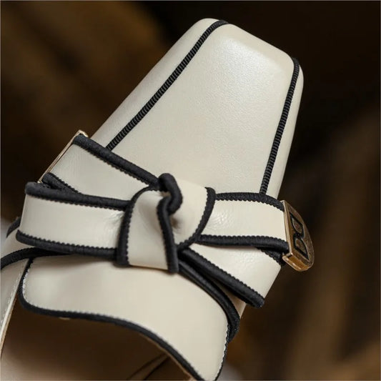 2025 French Style Genuine Leather Sandals Women Covered Toe Butterfly Knot Party Dating Sandals Office Ladies Pumps