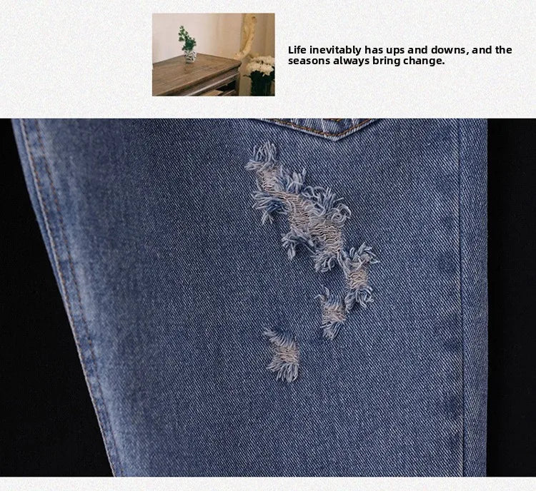 Casual Harajuku Sle Mom Jeans Women's Faion Trendy Hole Design Cotton Stretch Denim l Waist hine Embroidery