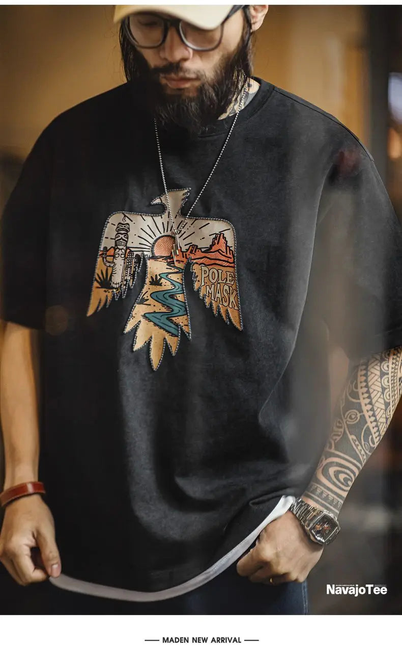 Vintage Style Thunderbird Print T-Shirt Men's Summer Heavyweight Embroidered Short Sleeve Tee Navajo Crew Neck Street Tops