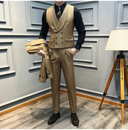 ( Vest + Pants) High-end Brand Solid Color Suit Vest 2 pieces Men Luxury Double Breasted Design Fashion Vest Set Club Clothing
