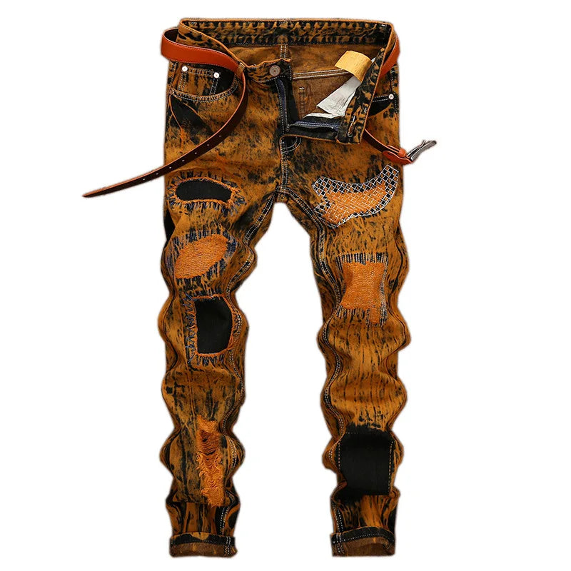 2026 New Men's Yellow Jeans, Blue Stretch Biker Trousers, Broken Hole Jeans, Fashion Popular Men Denim Pants Big Size 29-42