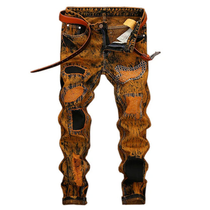 2026 New Men's Yellow Jeans, Blue Stretch Biker Trousers, Broken Hole Jeans, Fashion Popular Men Denim Pants Big Size 29-42