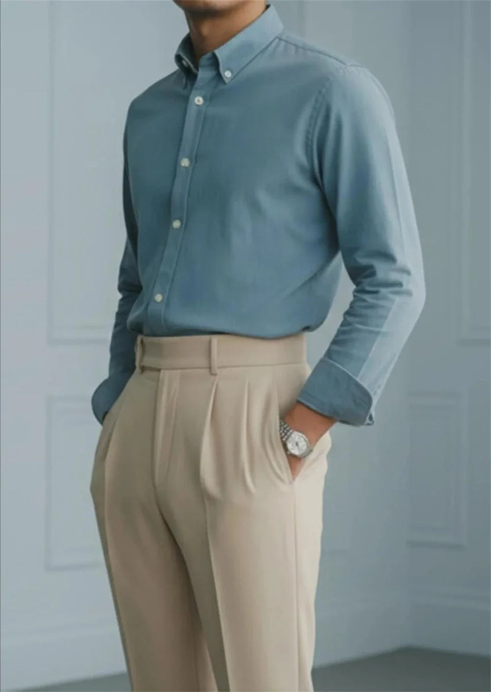 Men’s Beige High Waist Pleated Trousers Tailored Dress Pants with Side Adjusters Vintage Old Money Style