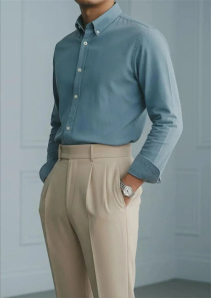 Men’s Beige High Waist Pleated Trousers Tailored Dress Pants with Side Adjusters Vintage Old Money Style