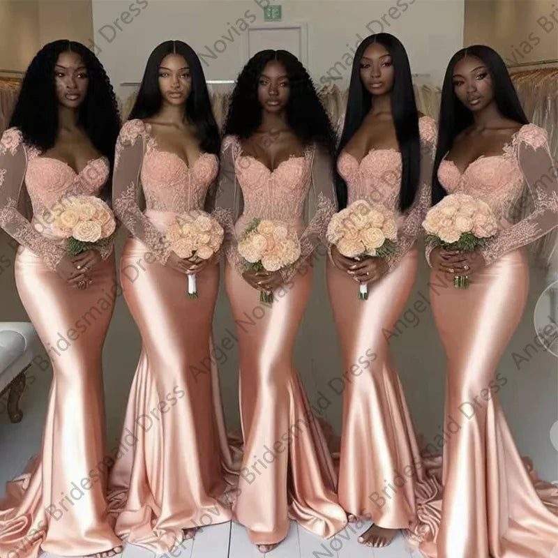 Customized Long Sleeves Mermaid Peach African Bridesmaid Dresses Wedding Party Gowns vestido de festas elegante casamento